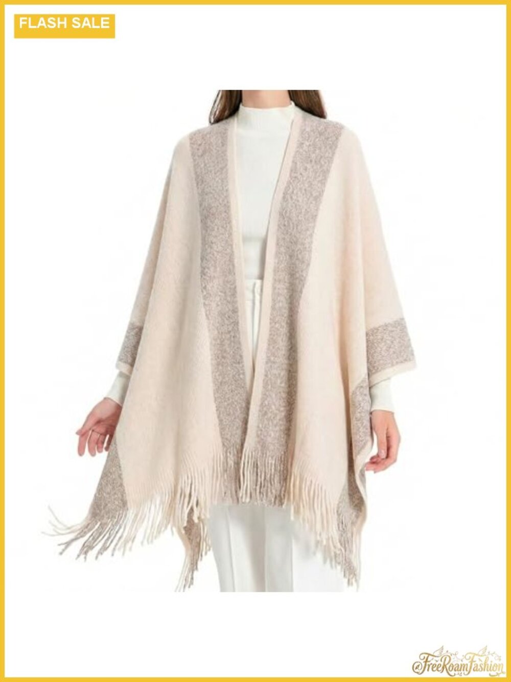 Golden Trim Knit Blanket Wrap Fringe Poncho Shawl Cardigan One Size